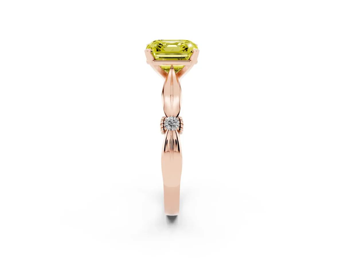 Fancy Yellow Asscher Cut Solitaire Diamond Twisted Band with Four-Prong Setting Rose gold