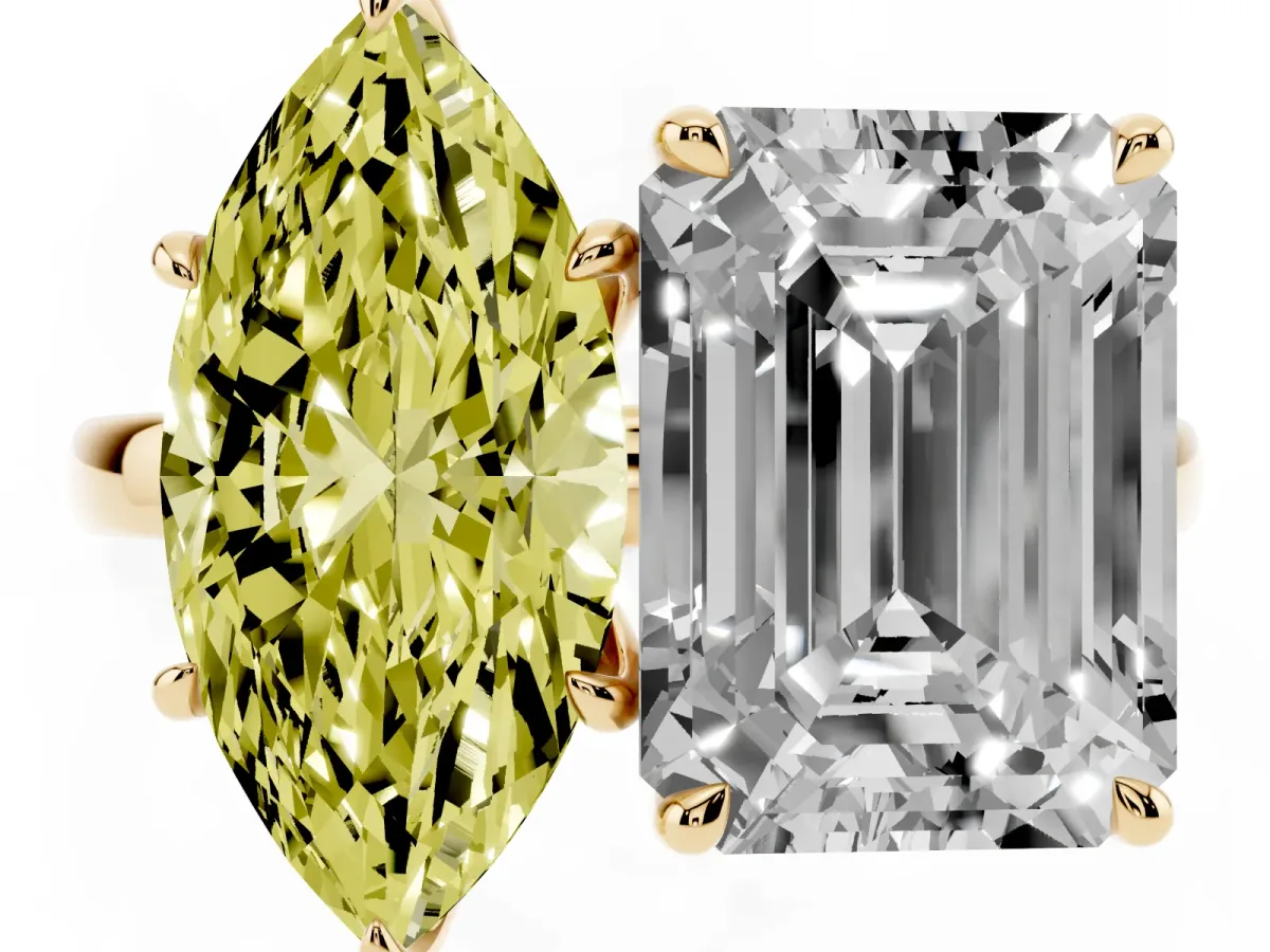 Fancy Yellow Marquise Cut and Emerald Cut Toi Moi Ring with Prong Setting Yellow gold