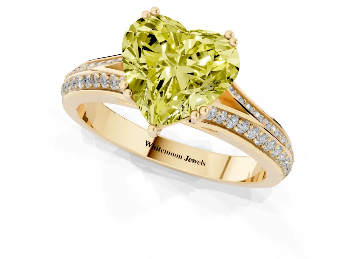 Fancy Yellow Heart Cut Diamond Split Shank Engagement Ring with Pavé Band Yellow gold