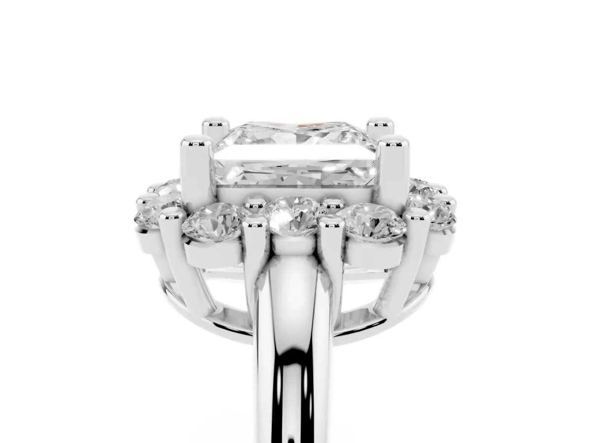 Princess Cut Halo Cluster Diamond Engagement Ring with Prong Setting and Polished Band Silver