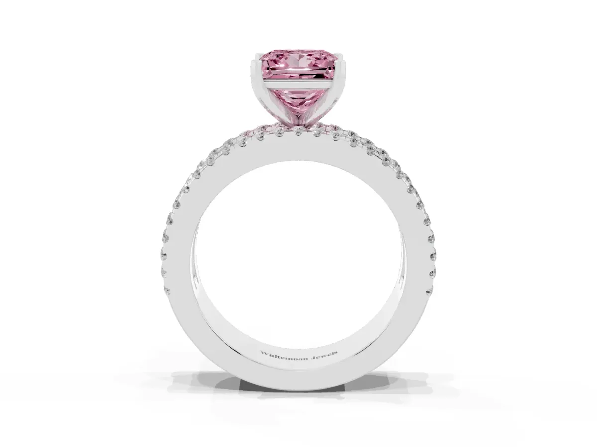 Fancy Pink Princess Cut Diamond Solitaire Ring with Pavé and Channel Set Band Platinum