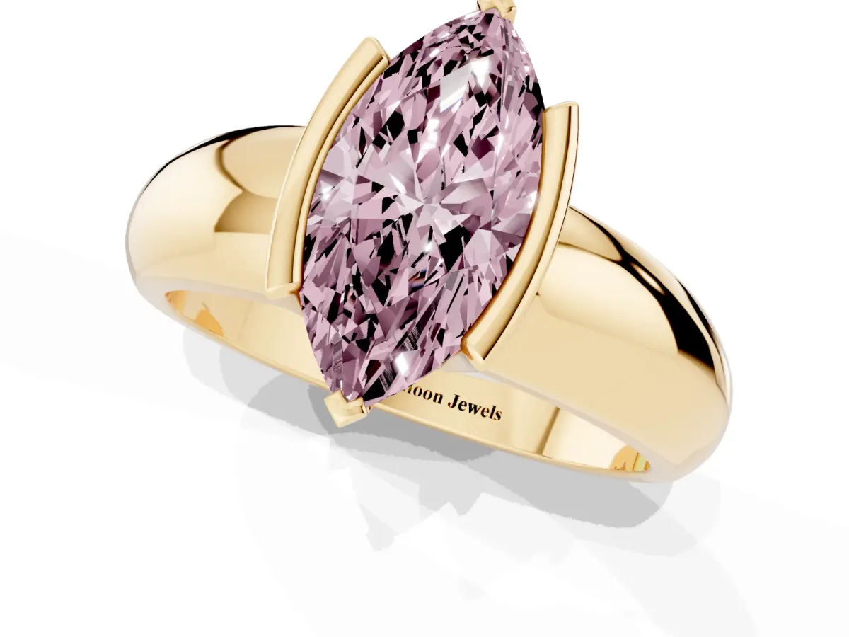 Fancy Pink Marquise Cut Solitaire Tension Set Diamond Ring with Wide Band Yellow gold