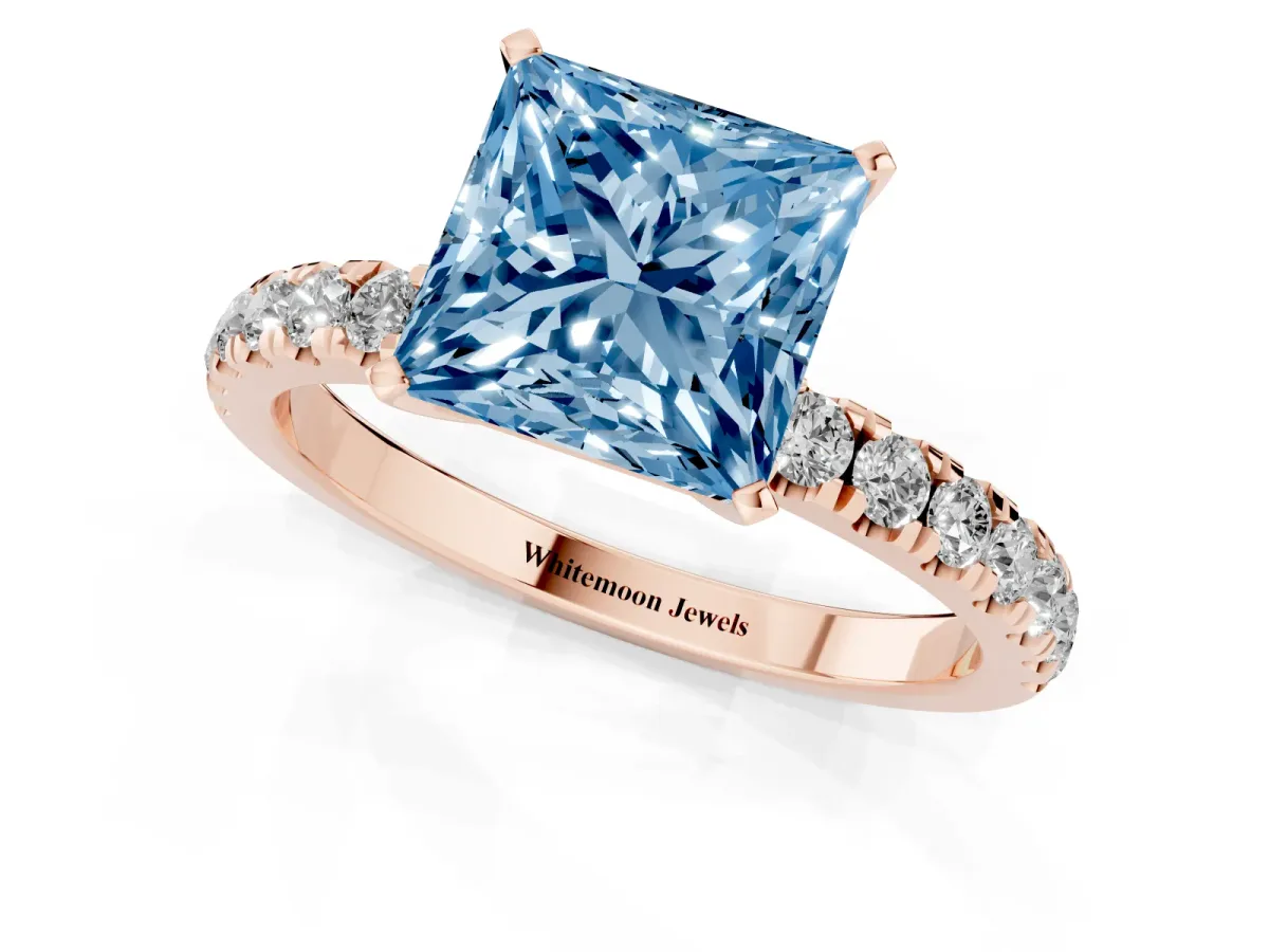 Fancy Blue Princess Cut Diamond Solitaire Ring with Pavé Accents and Four-Prong Setting Rose gold
