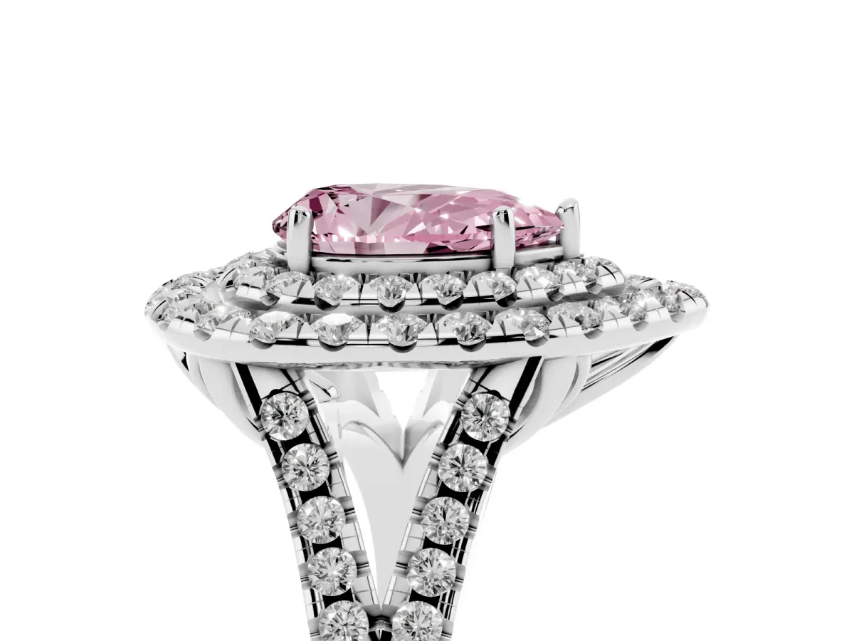 Fancy Pink Double Halo Pear Cut Diamond Pavé Split Shank Ring with Prong Setting White gold