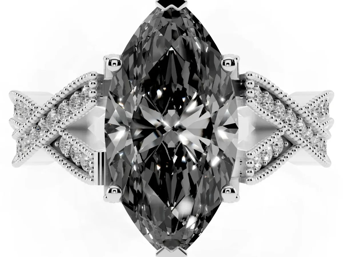 Fancy Black Marquise Cut Cut Diamond Twisted Band with Milgrain Pave Setting and Four-Prong Setting Platinum