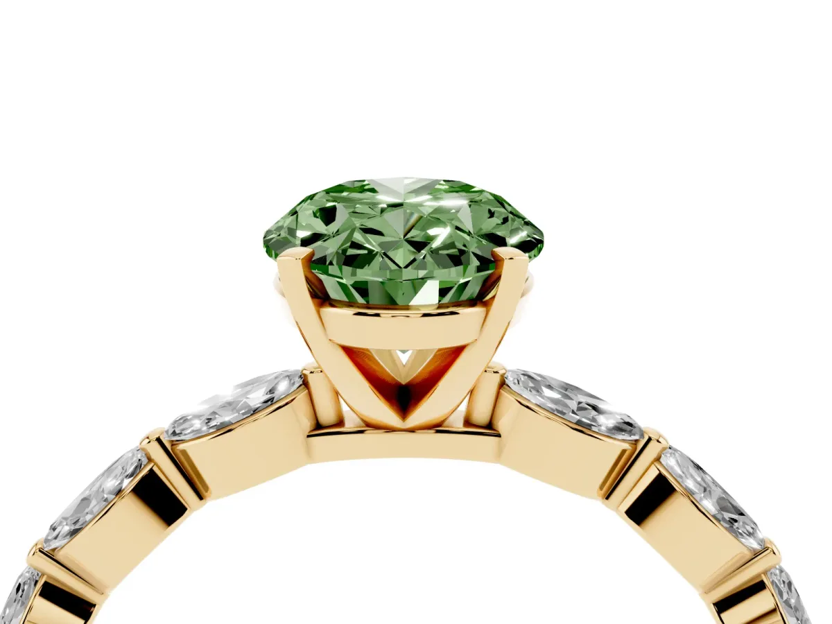 Fancy Green Oval Cut Diamond Ring with Marquise Side Stones and Prong Setting Yellow gold