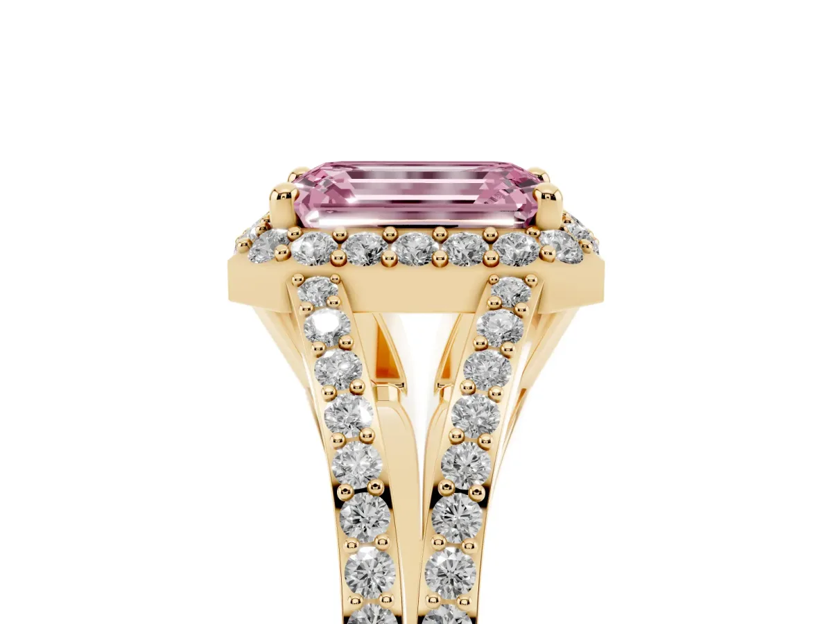 Fancy Pink Emerald Cut Halo Split Shank Pave Diamond Ring with Four-Prong Setting Yellow gold