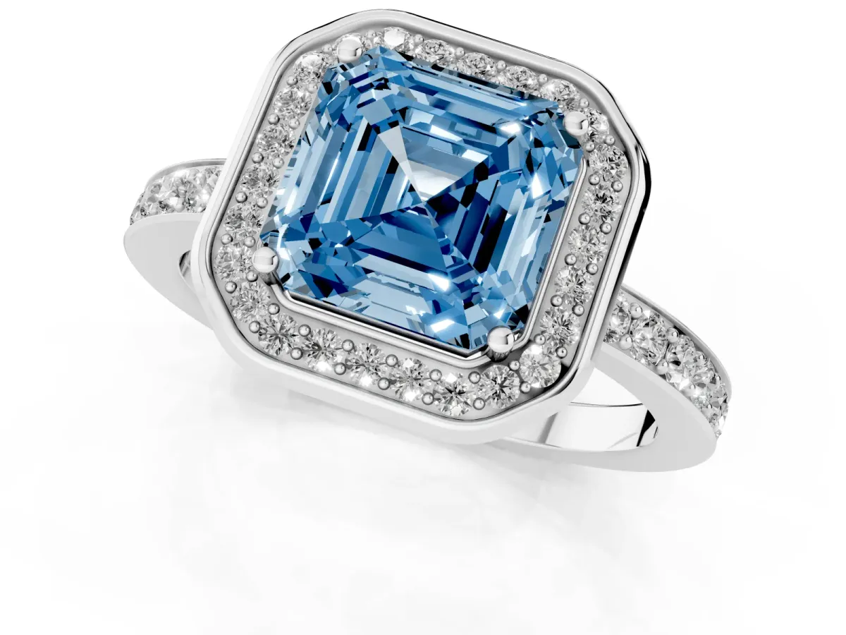Fancy Blue Asscher Cut Diamond Halo Ring with Bezel Frame and Pavé Band Silver