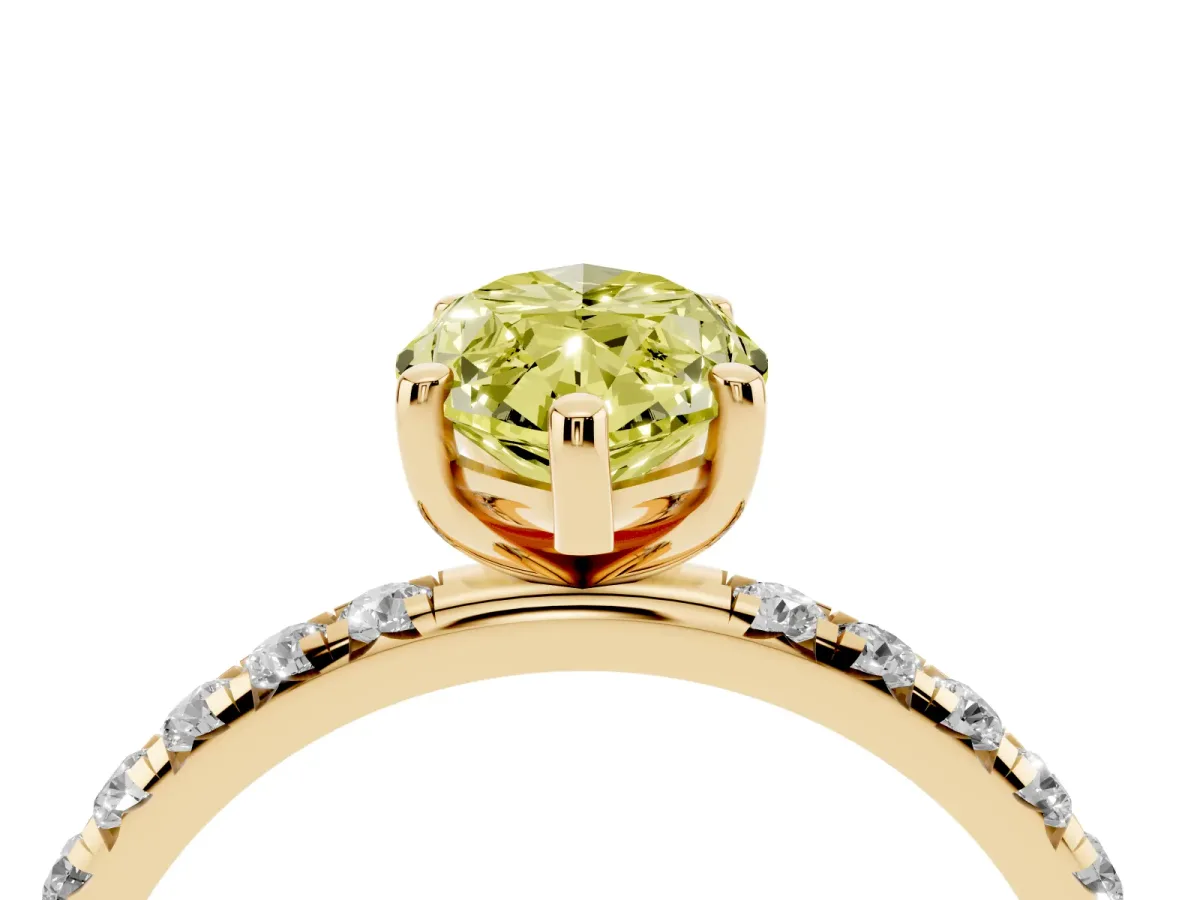 Fancy Yellow Marquise Cut Cut Diamond Solitaire Ring with Micro Pave Band and Four Prong Setting Yellow gold