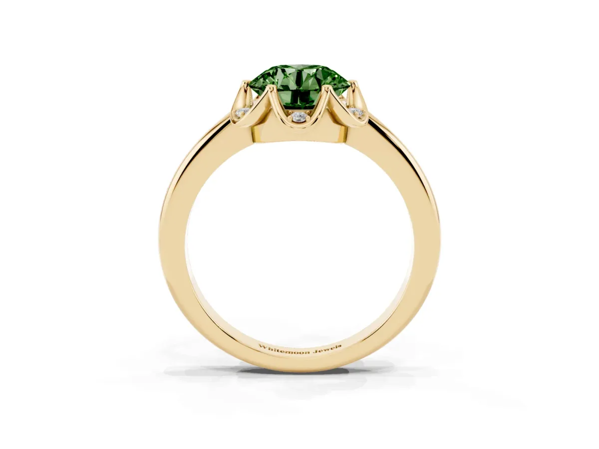 Fancy Green Round Cut Halo Diamond Ring with Round Cluster Setting, Solitaire Band, and Four-Prong Setting Yellow gold