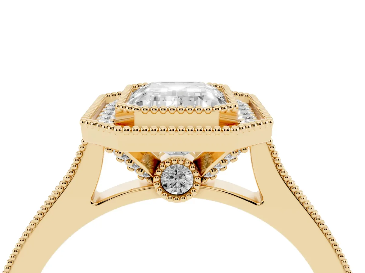 Halo Emerald Cut-Cut Diamond Pave Band Milgrain Prong Setting Ring Yellow gold