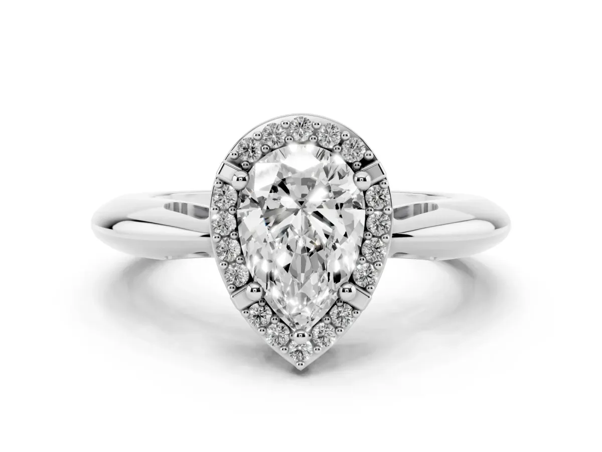 Pear Cut Cut Diamond Halo Engagement Ring with Split Shank and Four-Prong Setting Silver
