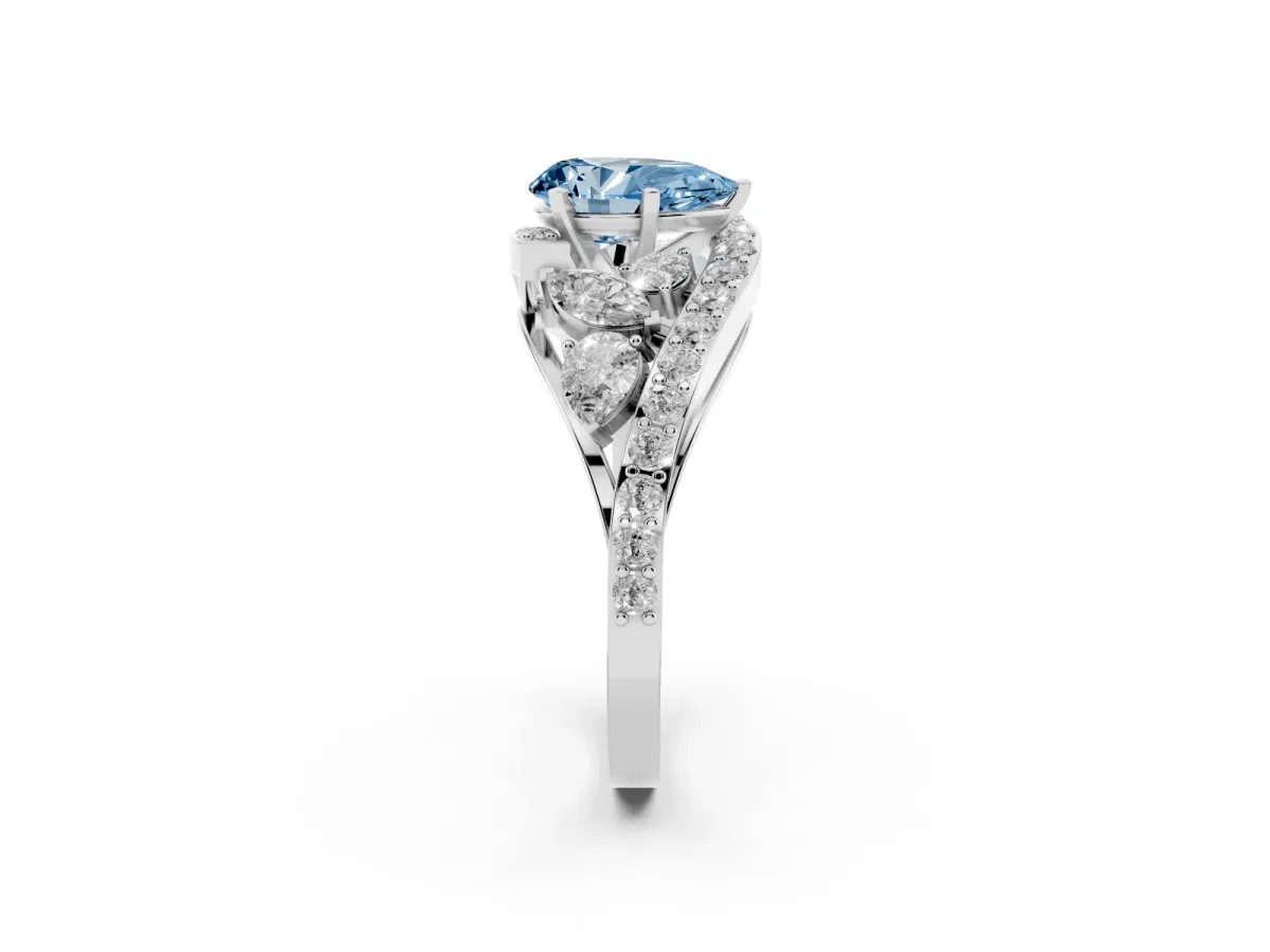 Fancy Blue Pear Cut Diamond Halo Ring with Marquise and Pavé Band in Prong Setting White gold