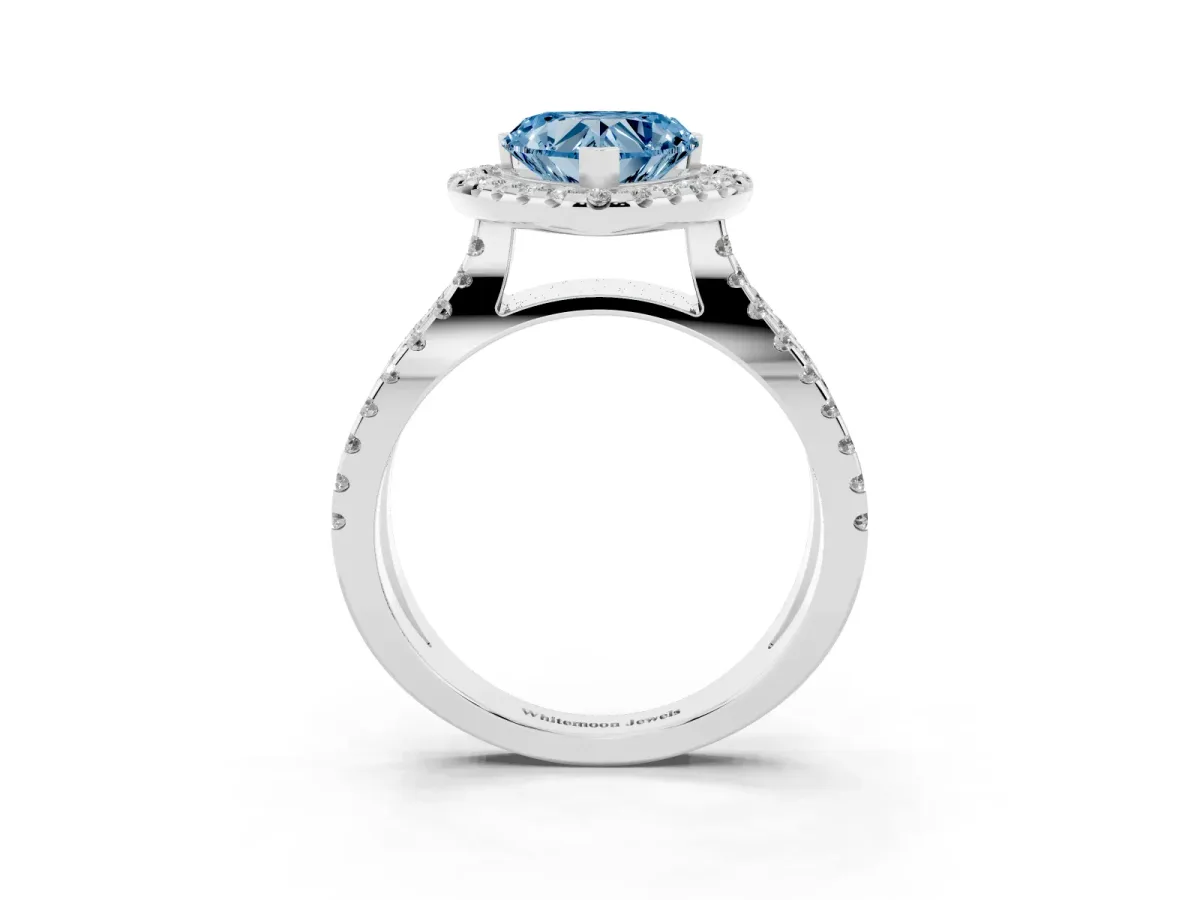 Fancy Blue Heart Cut Diamond Halo Ring with Split Shank Pavé Band and Prong Setting Silver