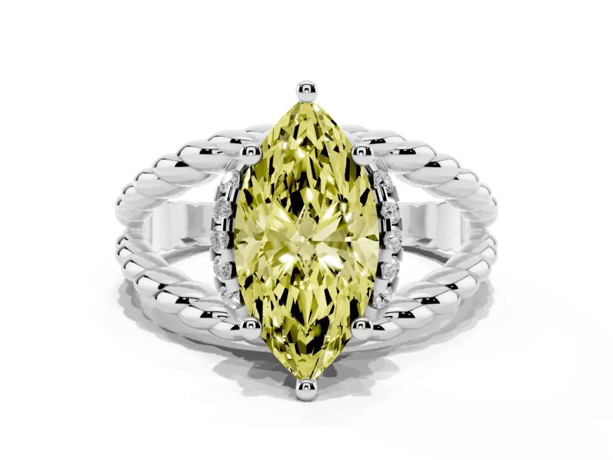 Fancy Yellow Marquise Cut Halo Twisted Band Four-Prong Ring Platinum