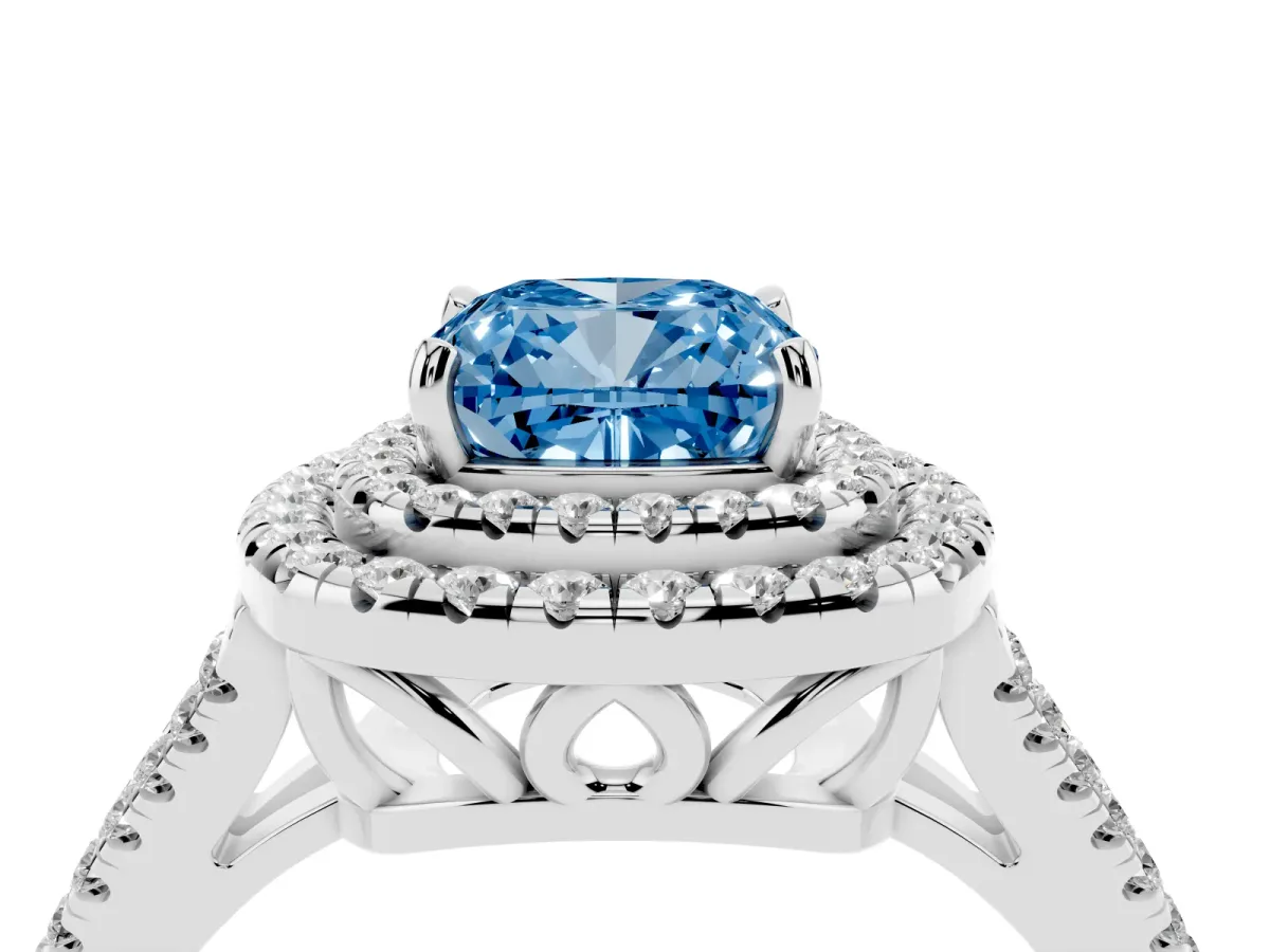 Fancy Blue Cushion Cut Diamond Double Halo Ring with Pavé Band and Prong Setting Silver