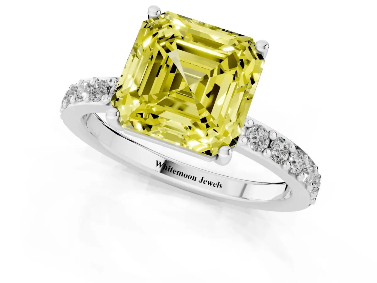 Fancy Yellow Asscher Cut Cut Diamond Solitaire with Pave Band and Four-Prong Setting Silver