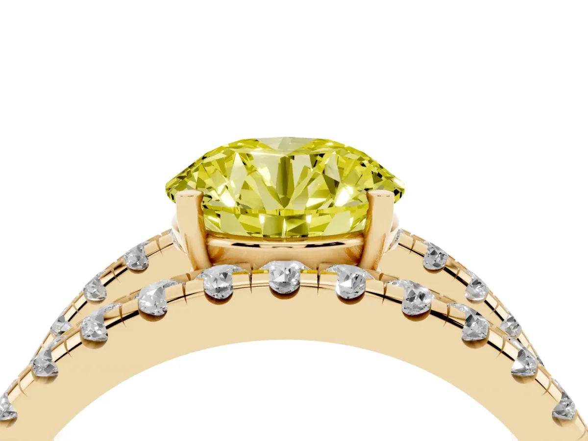 Fancy Yellow Round Cut Solitaire Split Shank Pave Diamond Ring Yellow gold