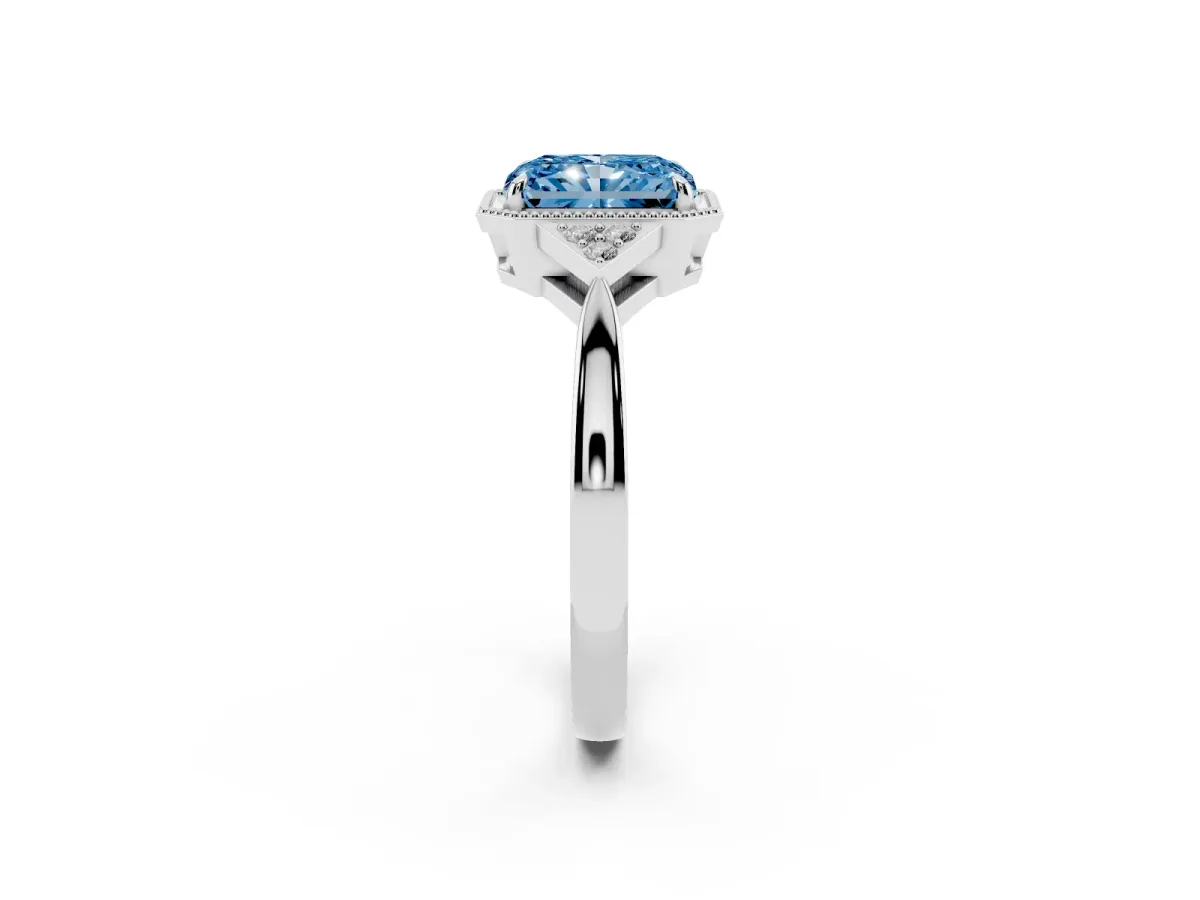 Fancy Blue Hexagonal Halo Radiant Cut Diamond Solitaire with Pavé Band and Four-Prong Setting Silver