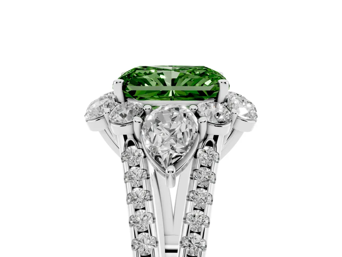 Fancy Green Radiant Cut Halo Split Shank Diamond Engagement Ring with Prong Setting Silver