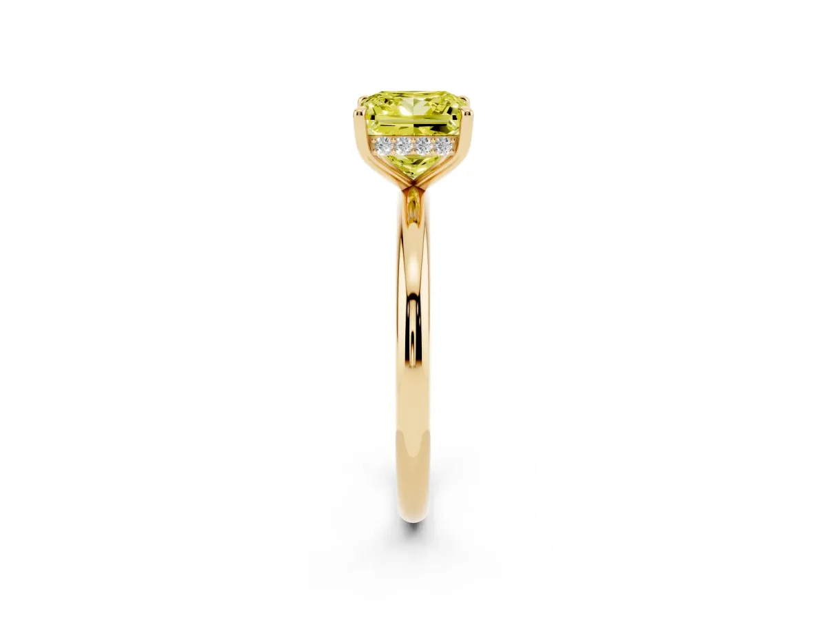 Fancy Yellow Princess Cut Diamond Solitaire Ring with Thin Band and Four-Prong Setting Yellow gold