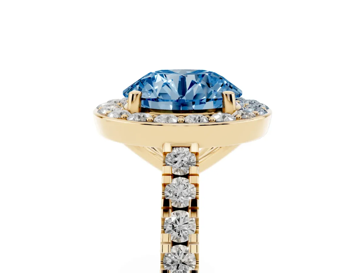 Fancy Blue Round Cut Diamond Halo Ring with Round Pavé Split Shank and Prong Setting Yellow gold
