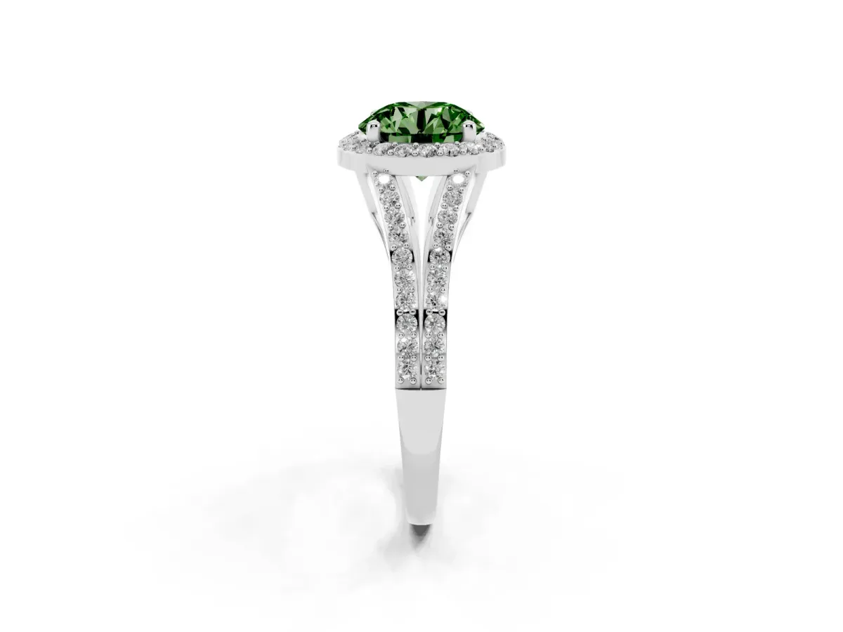 Fancy Green Round Cut Halo Split Shank Pave Diamond Ring with Four-Prong Setting Silver
