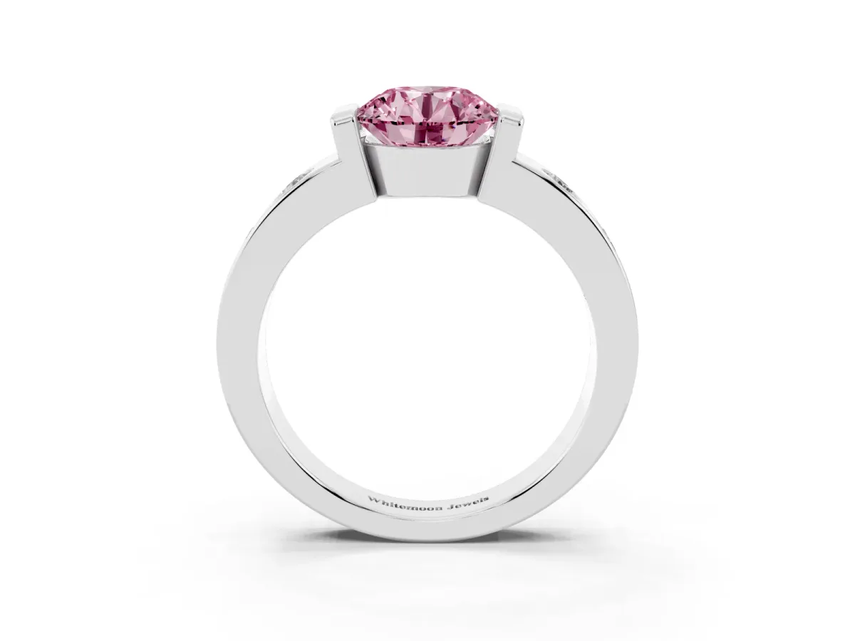 Fancy Pink Round Cut Brilliant Channel-Set Diamond Ring with Bezel Prong Setting Silver
