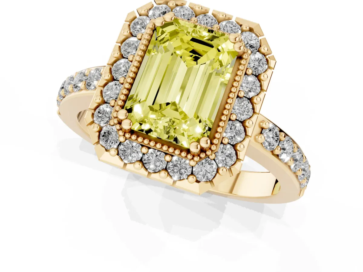 Fancy Yellow Emerald Cut Diamond Halo Ring with Pavé Band and Prong Setting Yellow gold