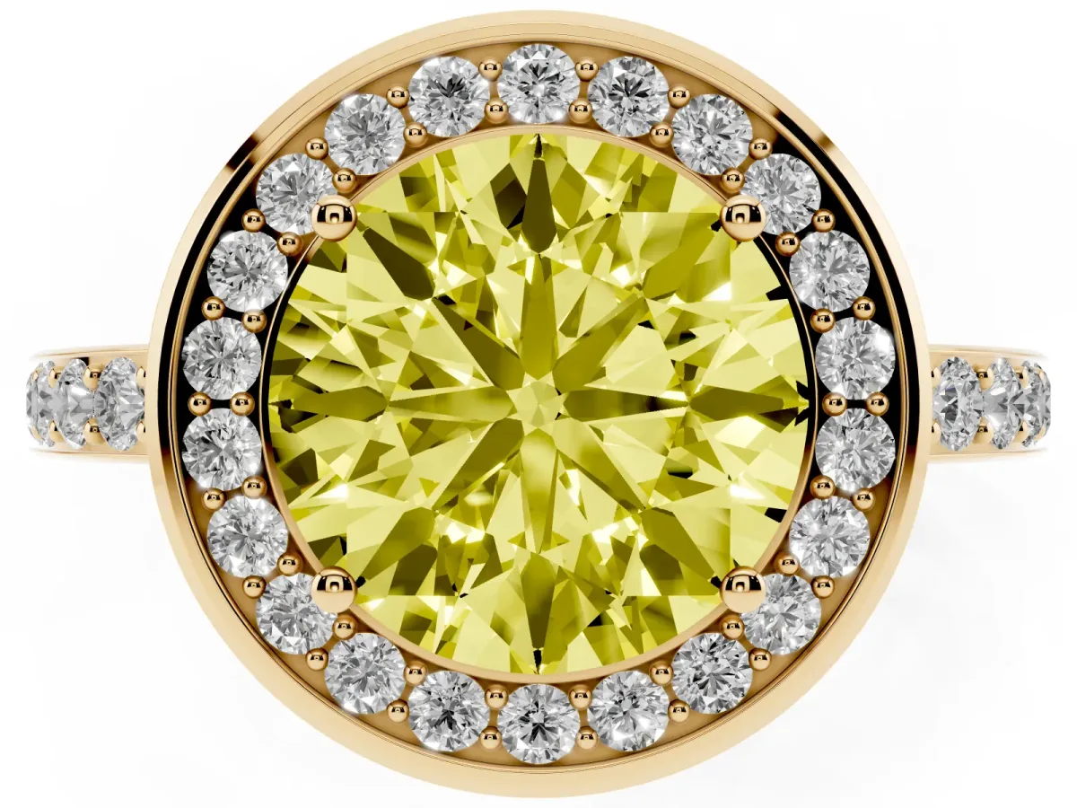 Fancy Yellow Round Cut Diamond Halo Ring with Bezel Frame and Pavé Band Yellow gold