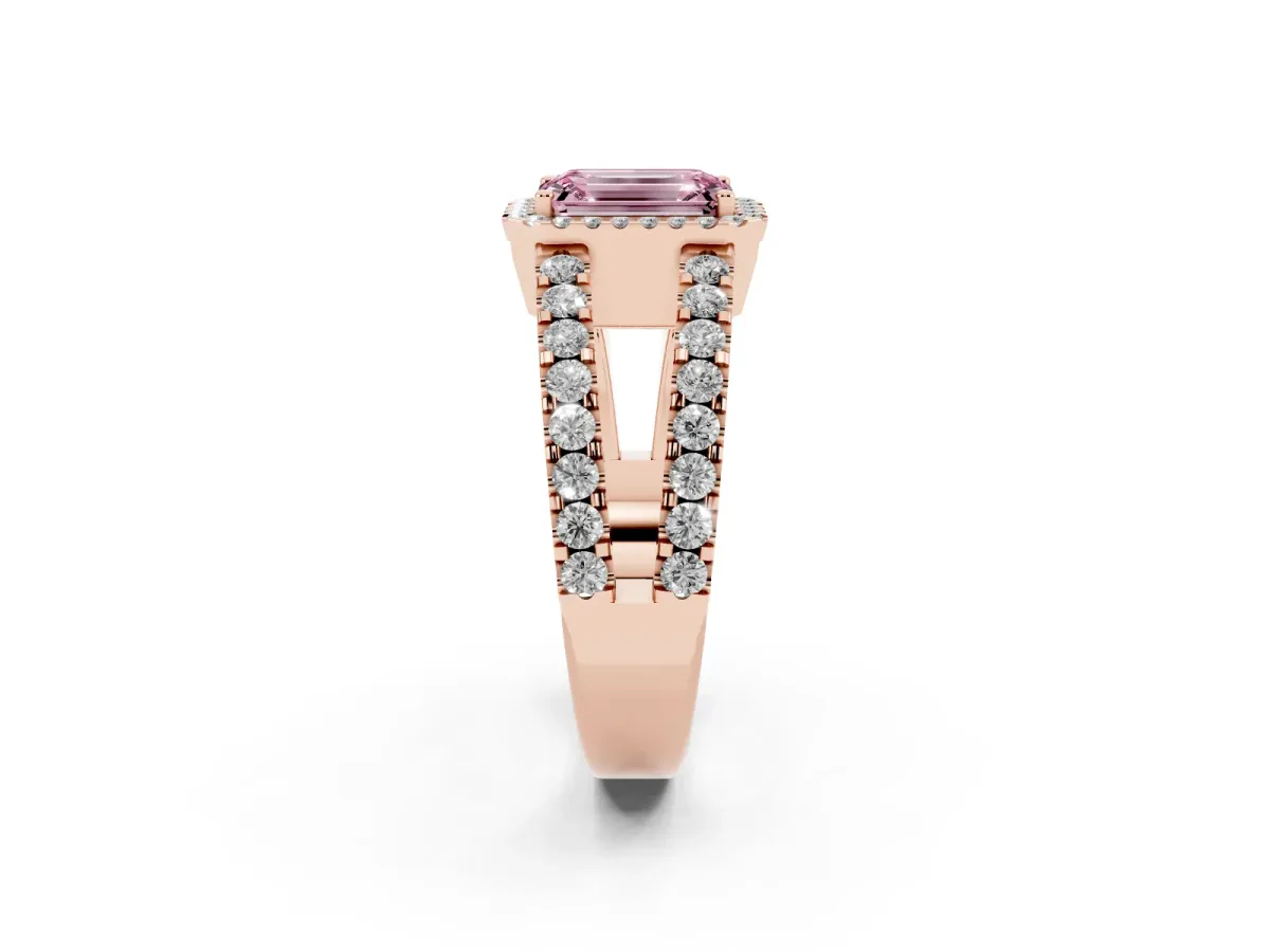 Fancy Pink Emerald Cut Cut Halo Split Shank Diamond Ring with Four-Prong Setting Rose gold