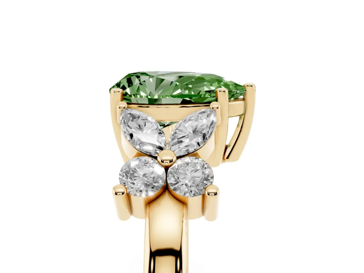 Fancy Green Pear Cut Diamond Floral Cluster Ring with Solitaire Band and Prong Setting Yellow gold