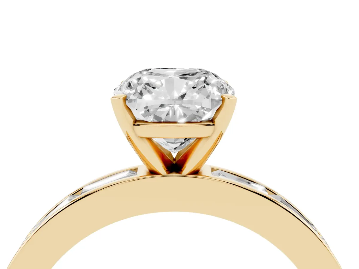 Cushion Cut Solitaire Diamond Ring with Channel-Set Baguette Band and Four-Prong Setting Yellow gold