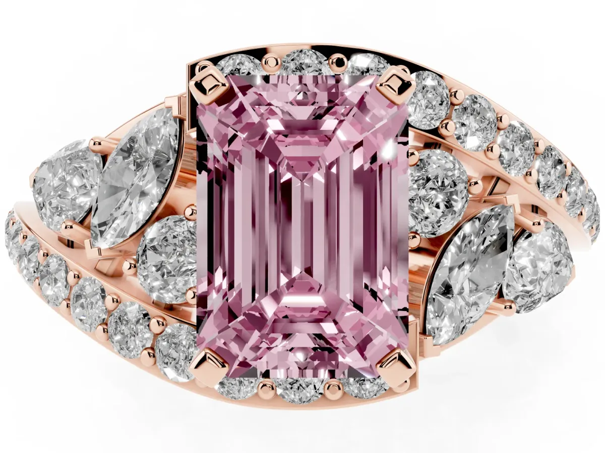 Fancy Pink Emerald Cut Diamond Halo Ring with Marquise and Pavé Band in Prong Setting Rose gold