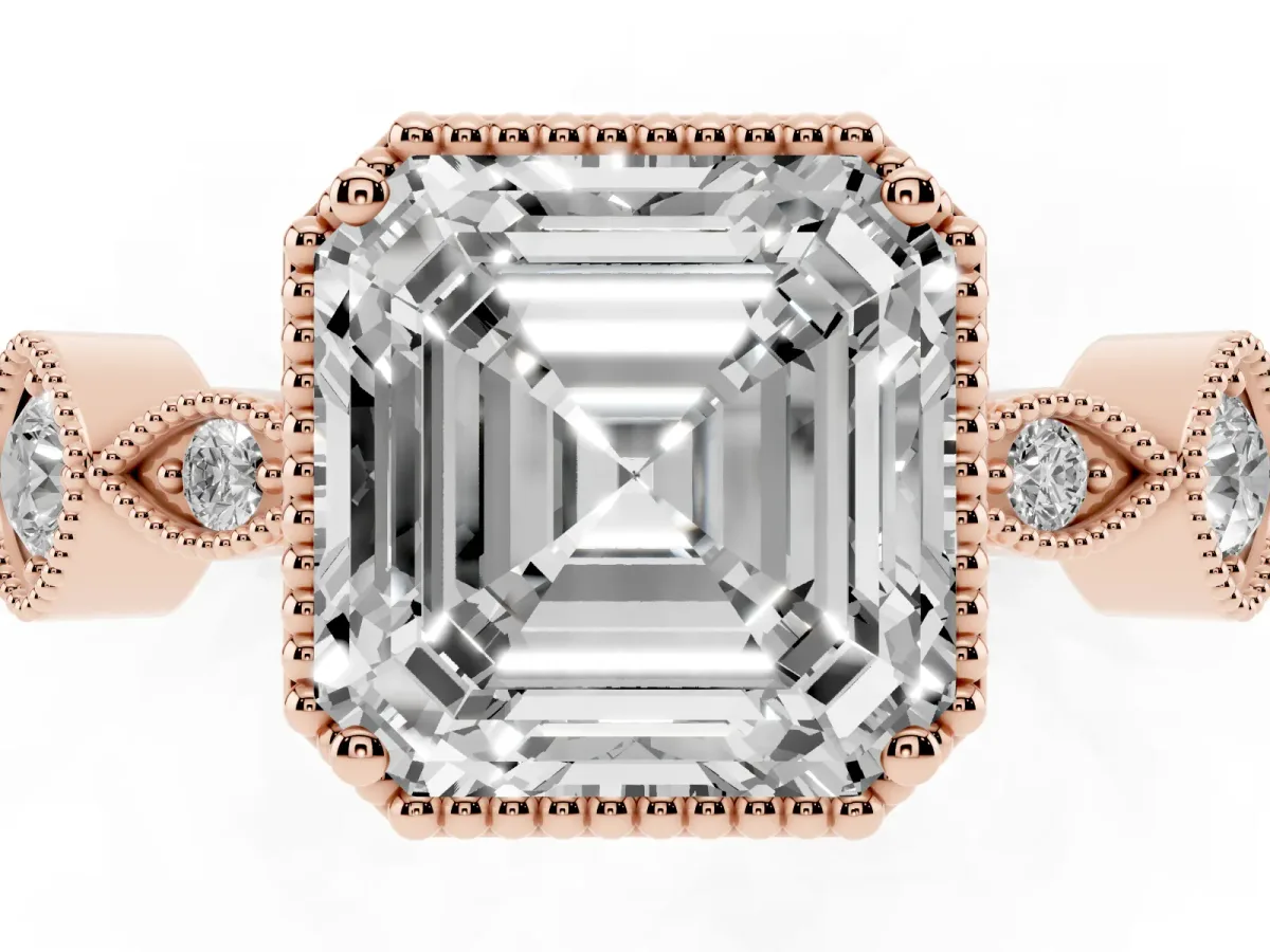 Asscher Cut Diamond Vintage Milgrain Ring with Round Stations Rose gold