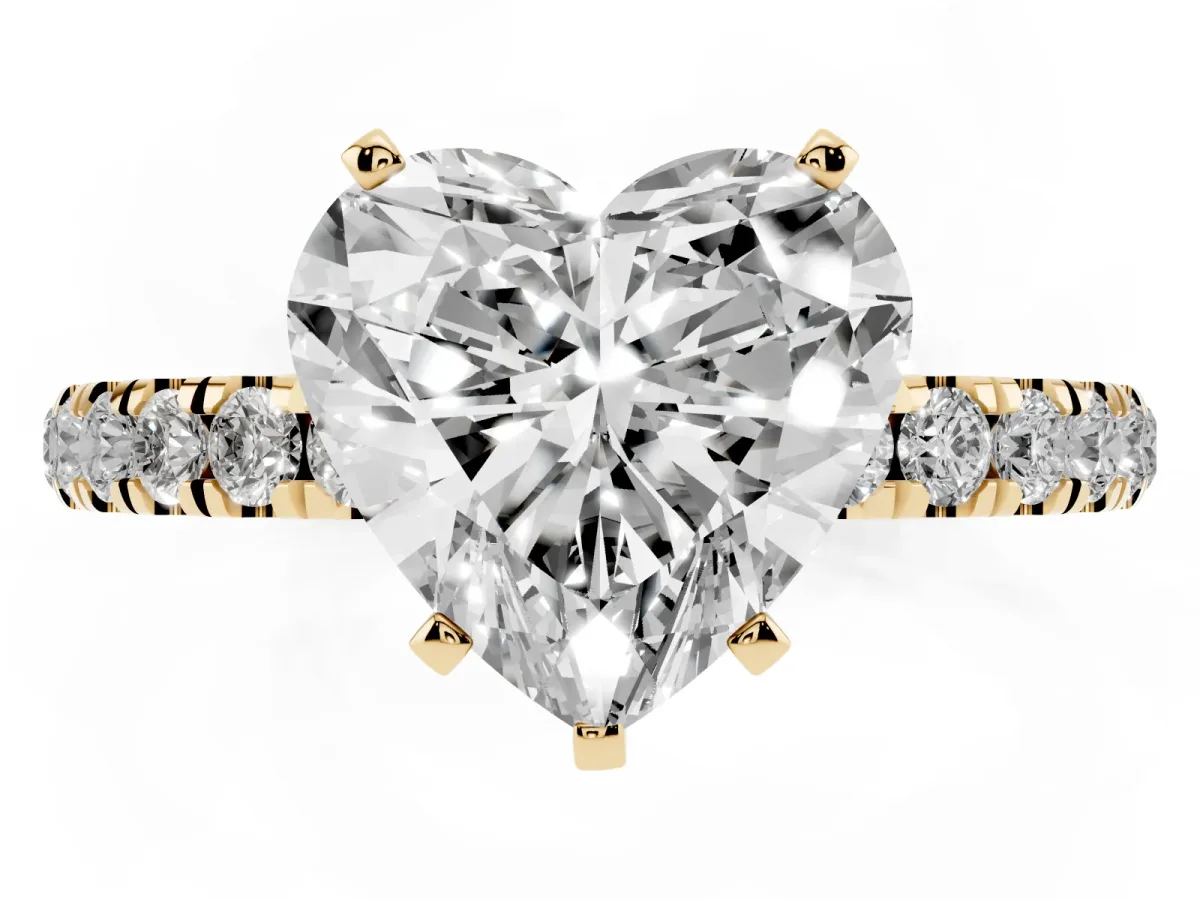 Heart Cut Diamond Solitaire Ring with Pavé Accents and Four-Prong Setting Yellow gold