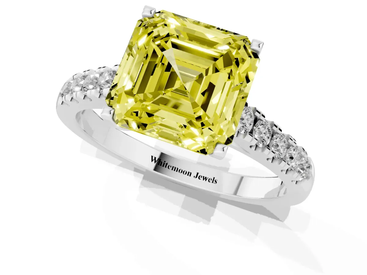 Fancy Yellow Asscher Cut Diamond Pavé Band Solitaire Ring with Prong Setting Platinum