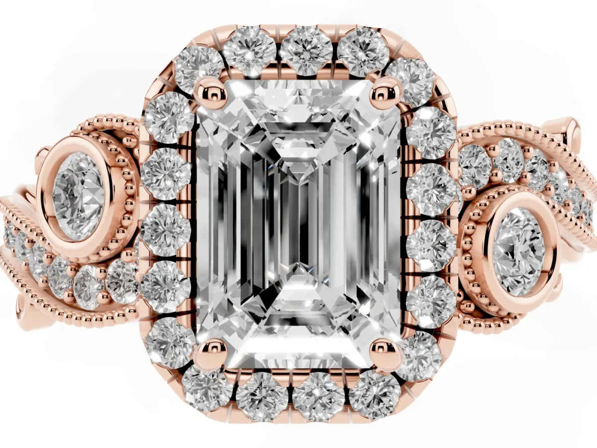 Emerald Cut Diamond Halo Ring with Milgrain Pavé Band and Four-Prong Setting Rose gold