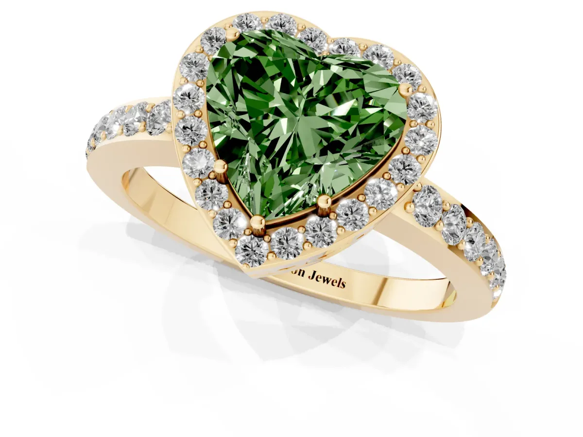 Fancy Green Heart Cut Halo Diamond Pavé Band Ring with Prong Setting Yellow gold