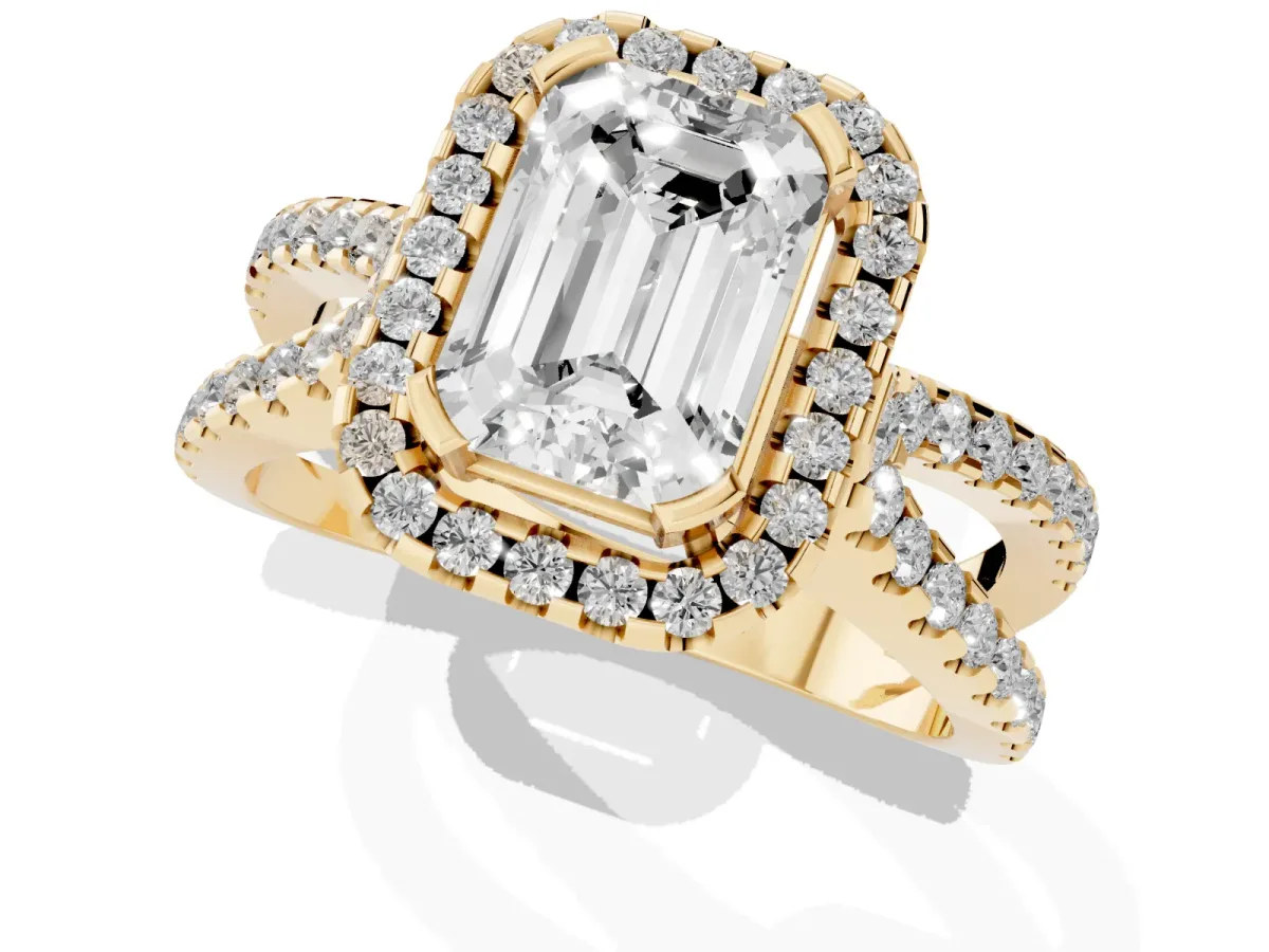 Emerald Cut Diamond Halo Ring with Split Shank Pavé Band and Prong Setting Yellow gold
