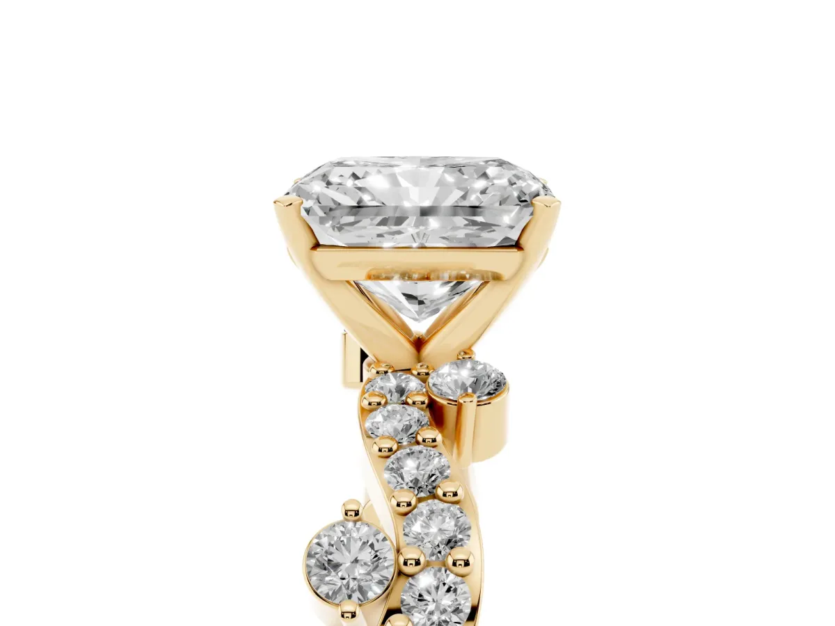 Radiant Cut Cut Solitaire Diamond Twisted Band with Pave Setting Yellow gold