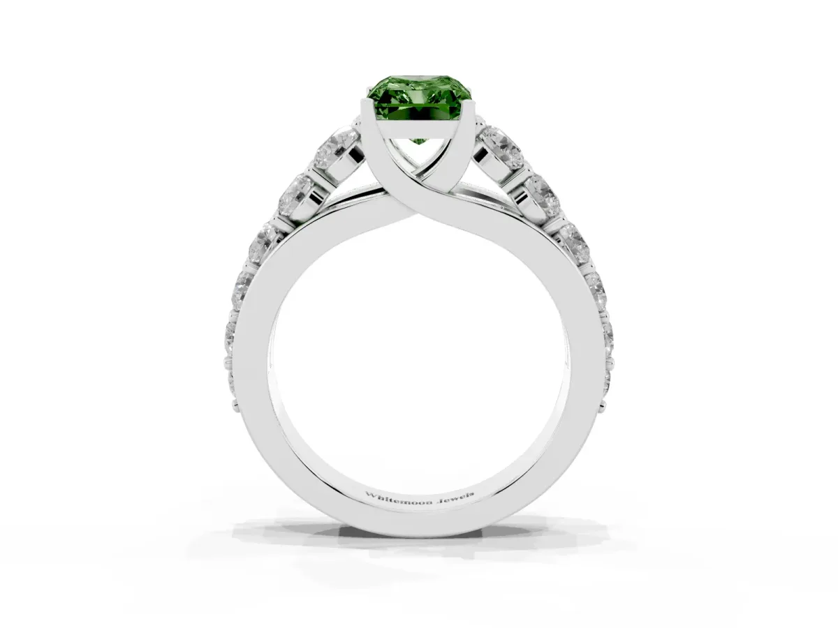 Fancy Green Radiant Cut Diamond Engagement Ring with Pavé Band and Four-Prong Setting Silver