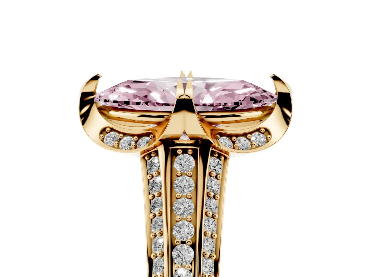 Fancy Pink Marquise Cut Solitaire Pave Split Shank Ring with Four-Prong Setting Yellow gold