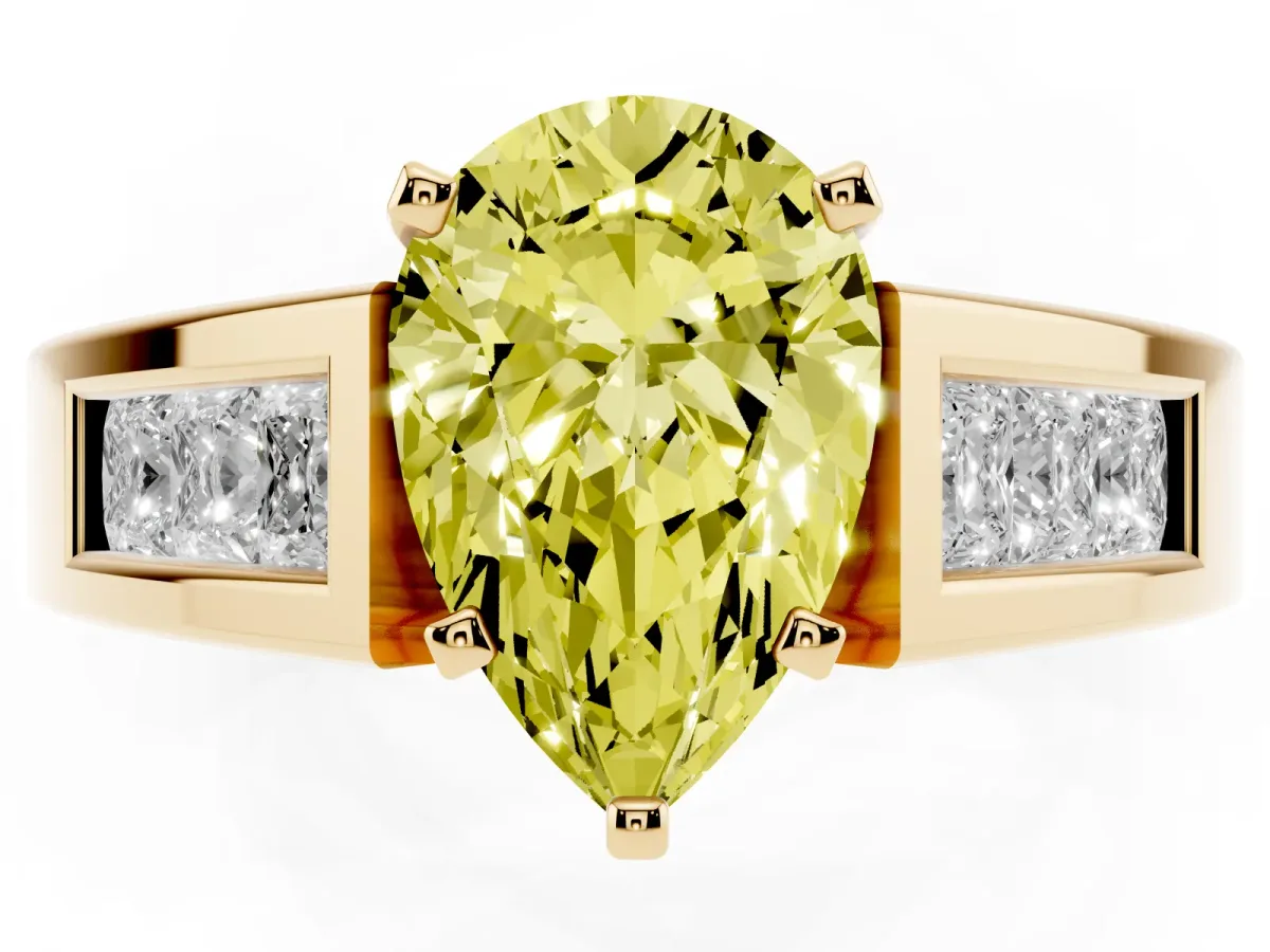 Fancy Yellow Pear Cut Cut Channel Set Solitaire Ring with Four-Prong Setting Yellow gold