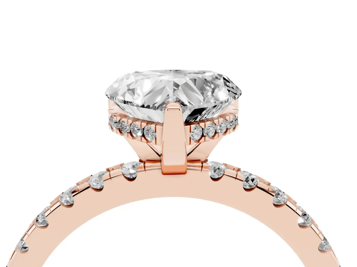Heart Cut Diamond Solitaire Ring with Round Pavé Band and Four-Prong Setting Rose gold