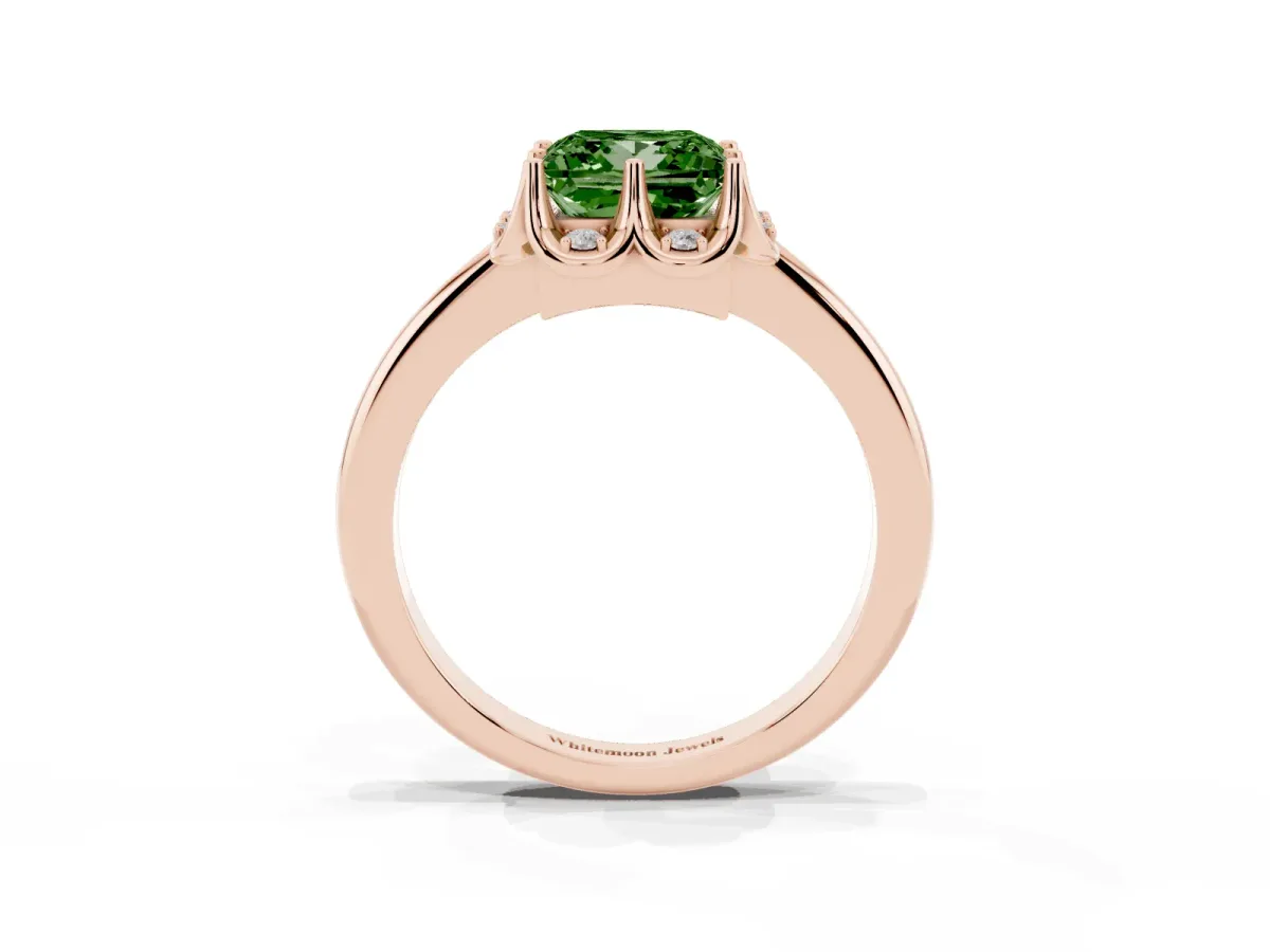 Fancy Green Princess Cut Halo Diamond Ring with Round Cluster Setting, Solitaire Band, and Four-Prong Setting Rose gold