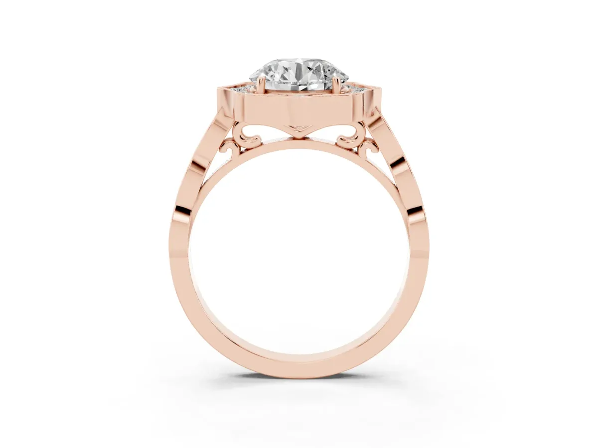 Round Cut Halo Diamond Engagement Ring with Milgrain Band and Four-Prong Setting Rose gold