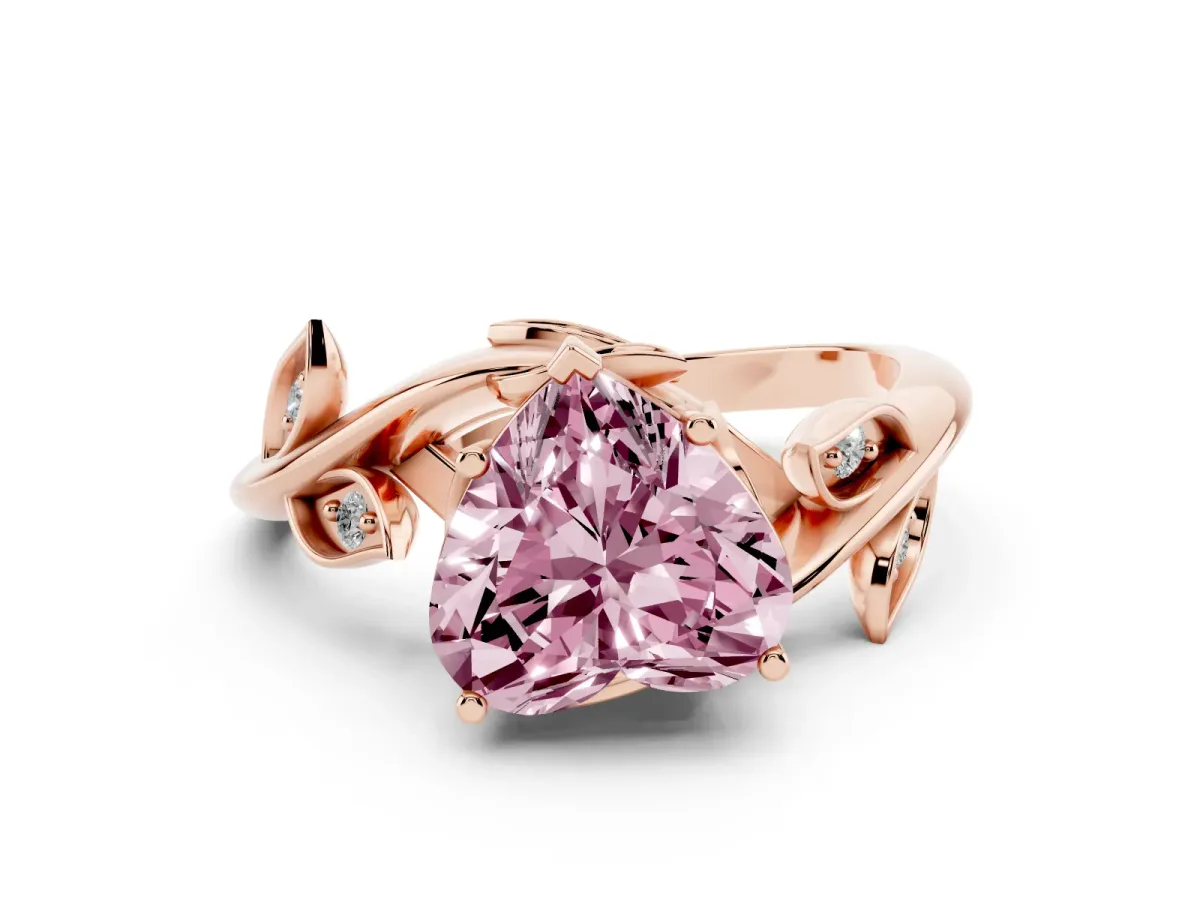Fancy Pink Heart Cut Solitaire Twist Engagement Ring with Leaf Accents and Prong Setting Rose gold