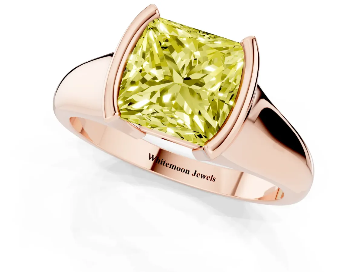 Fancy Yellow Princess Cut Solitaire Tension Set Diamond Ring with Split Shank Band Rose gold