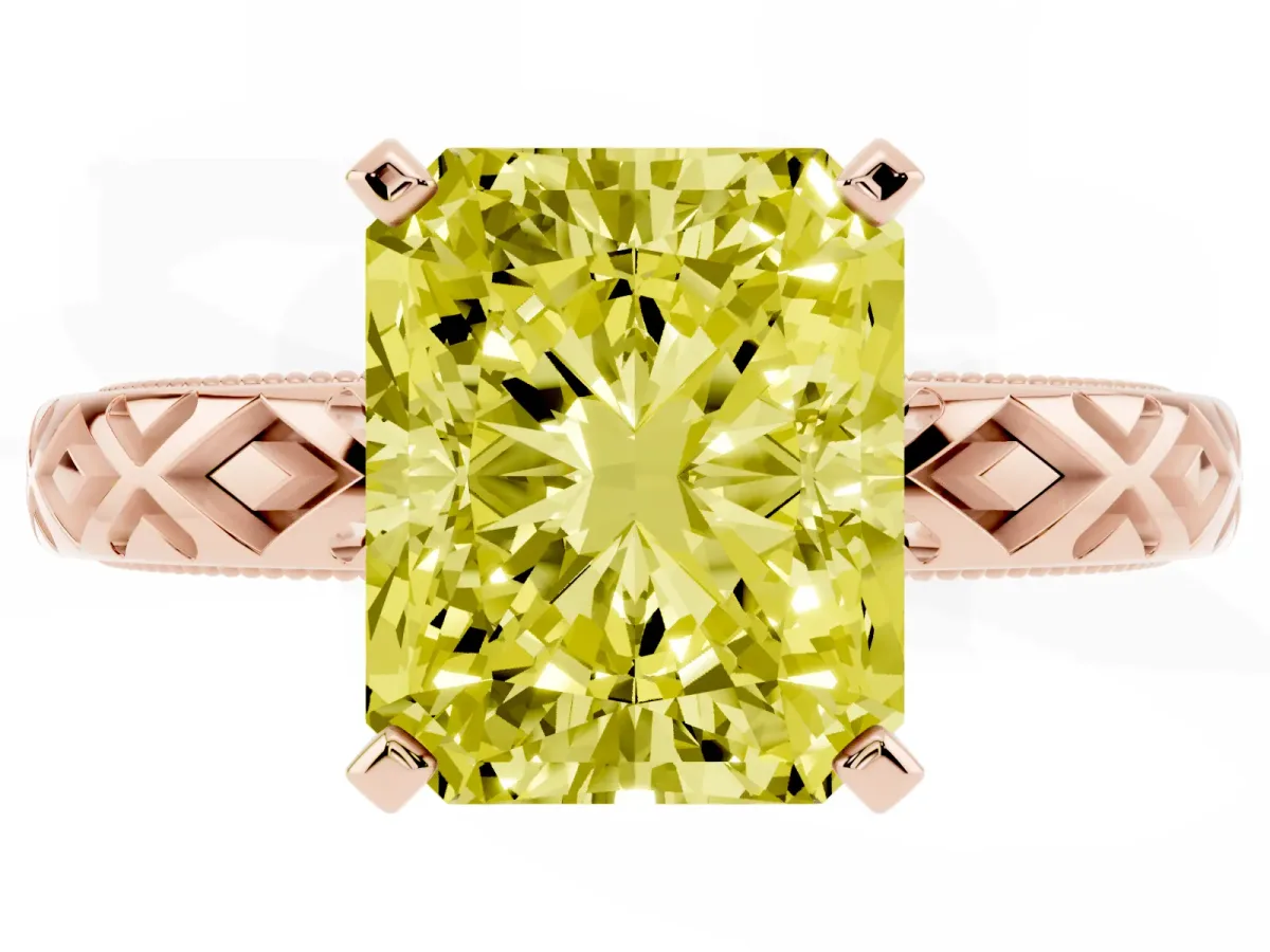 Fancy Yellow Radiant Cut Solitaire Diamond Ring with Milgrain and Black Enamel X Pattern Band Rose gold